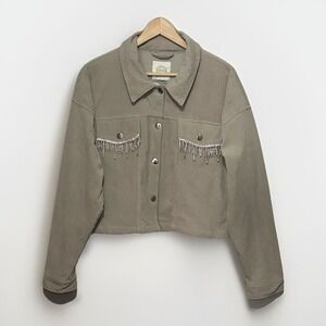 Stoosh Womens Soft Corduroy Cropped Jacket Rhinestone Fringe Pockets Size XL EUC